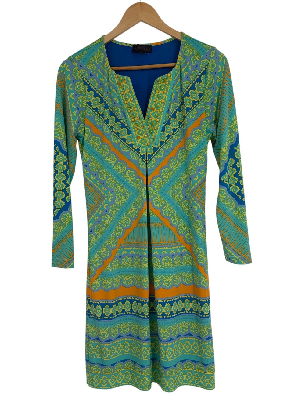 Hale Bob Split Neck Long Sleeve Jersey Dress Mixed Print Size small beaded